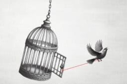 A bird flies out of an empty birdcage with a red piece of yard holding its leg to the open door
