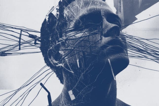 Grey and white picture of man's head crisscrossed with strings.