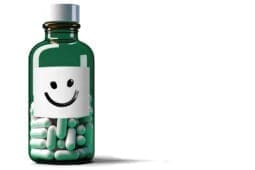 Illustration of a green pill bottle with a smiley face on it | ILLUSTRATION © 2ROGAN