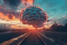 A brain above railroad tracks.
