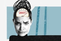 A woman with a meter measuring anxiety from 0-100 on her forehead with the needle at 100