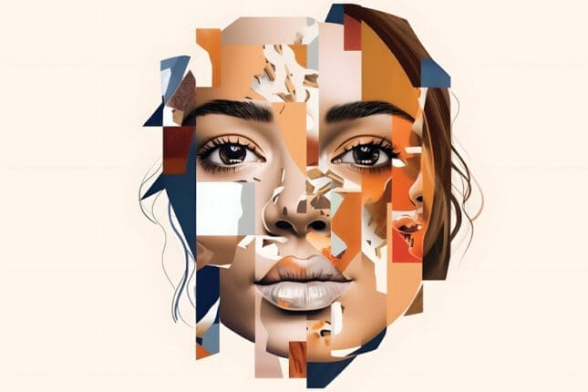A woman's face with pieces misplaced and missing.