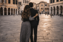 A couples embracing in an Italian piazza.