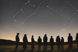 People standing in a field looking up at a constellation.